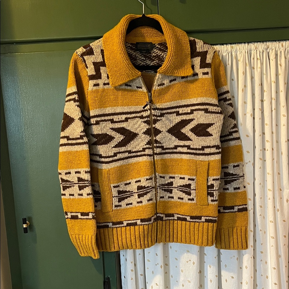Pendleton Womens Yellow and Brown Zip-Up Sweater